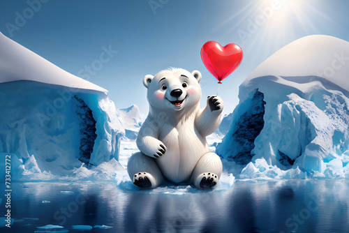 A cute smiling cartoon style polar bear is holding a heart-shaped red glossy balloon in his hand, standing on a circular ice floe. Antarctica is in the background. - Generative AI
