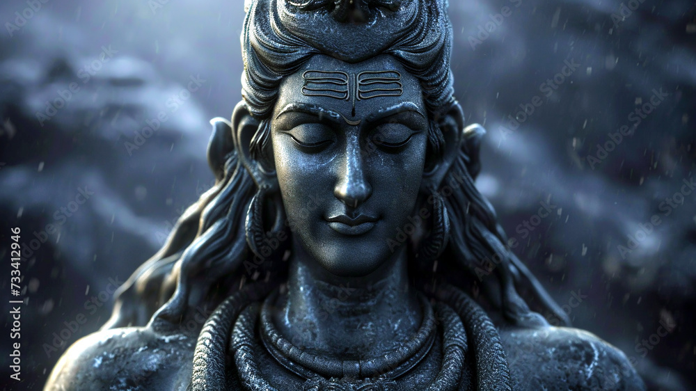 Portrait of  an ancient sculpture of an Indian god close up