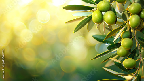 Branches with juicy ripe green olives on blurred bokeh background. Olive tree plantation during harvest, close-up view