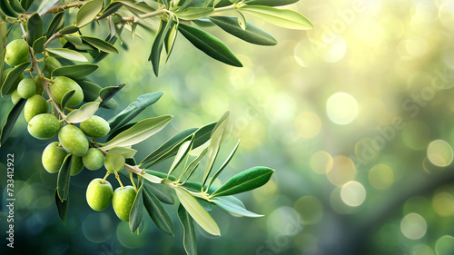 Branches with juicy ripe green olives on blurred bokeh background. Olive tree plantation during harvest, close-up view