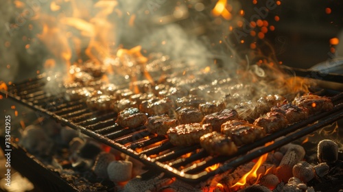 Capture the essence of outdoor cooking. billowing smoke, flames dancing on th...