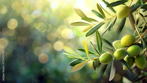 Wallpaper Mural Branches with juicy ripe green olives on blurred bokeh background. Olive tree plantation during harvest, close-up view Torontodigital.ca