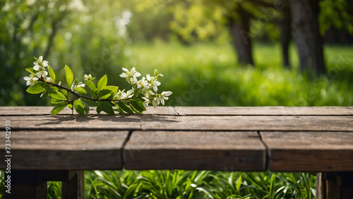 Spring or summer nature background with blurred green grass, trees and wooden table