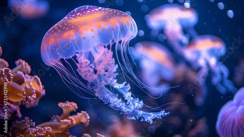 Capture the ethereal beauty of the underwater world. bright glowing jellyfish and fish gracefully glide through the water © olegganko
