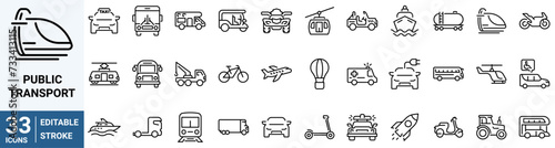 Transport web line icons. Containing car, bike, plane, train, bicycle, motorbike, bus and scooter. Editable stroke. Vector illustration