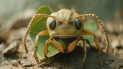 An extreme close-up of an ant carrying a leaf, revealing its intricate mandibles and segmented body