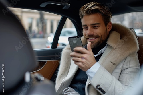 A modern man lost in the distraction of technology, sitting in his car with a reflective gaze upon his phone, unaware of the world passing by photo