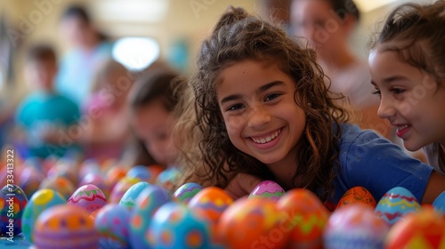 Families gather to paint Easter eggs. vibrant colors, creative designs