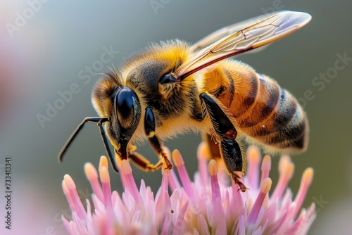 An extreme close-up of a honeybee hovering over a flower, showcasing its fuzz...