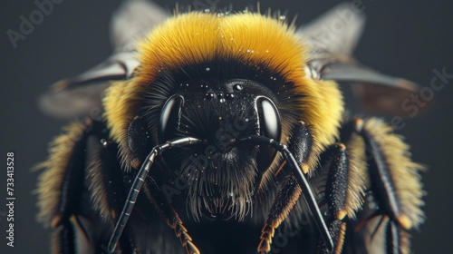 An extreme close-up of a bumblebee collecting pollen, showcasing its fuzzy bo...
