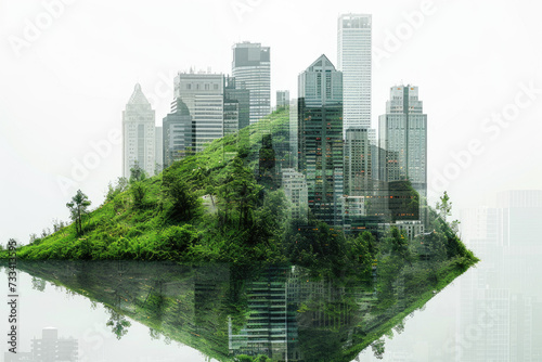 double exposure image of a green roof and a city skyline.