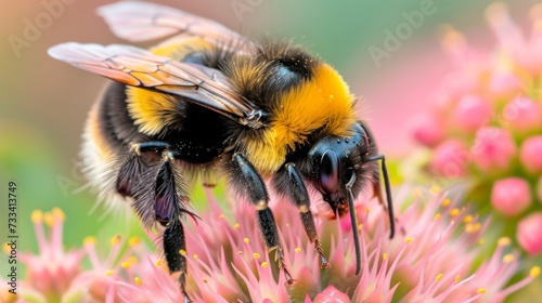 An extreme close-up of a bumblebee collecting pollen, showcasing its fuzzy body and translucent wings