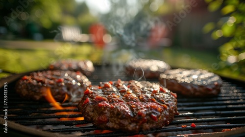Burgers sizzling on a charcoal grill, patio furniture in the background