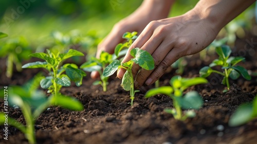 Embrace the beauty of sustainable living. hands delicately planting organic v...
