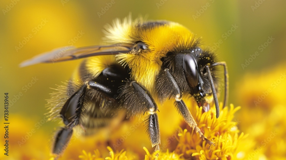 An extreme close-up of a bumblebee collecting pollen, showcasing its fuzzy body and translucent wings An extreme close-up of a bumblebee collecting pollen, showcasing its fuzzy body and translucent wings