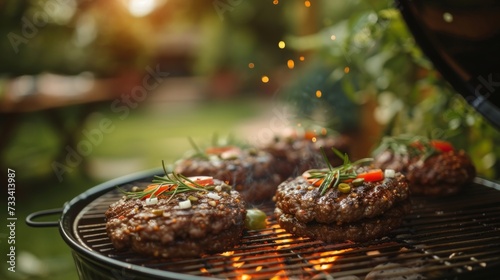 Burgers sizzling on a charcoal grill  patio furniture in the background