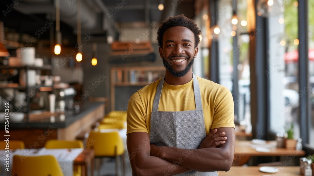 Obraz premium smiling man with an apron is standing in a modern cafe holding a tablet.