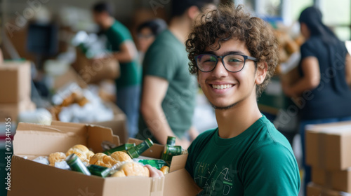 A young person in a green shirt and eyeglasses is smiling at the camera while holding a box filled with various food items