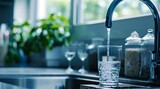 Fresh Drinking Water Pouring into Glass in Kitchen. Generative ai