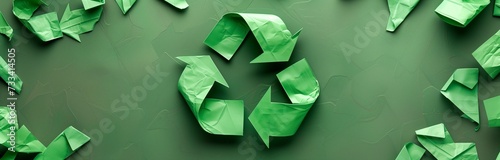 ecology sign recycling on green background made of paper