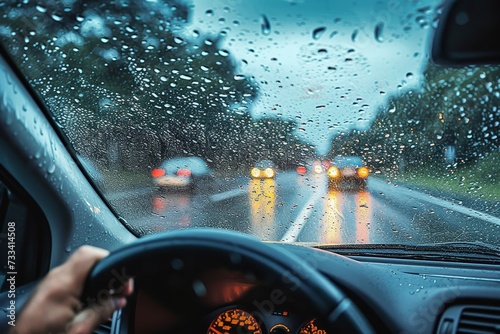 A person drives their car through the rain, their windshield fogged up as they rely on their automotive mirrors to navigate the wet road