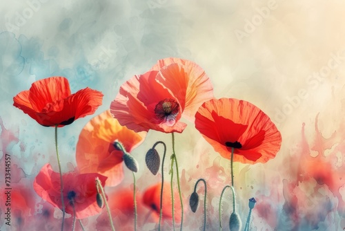 Vibrant red poppies bloom amidst a soft-focus natural backdrop creating a serene and beautiful scene.