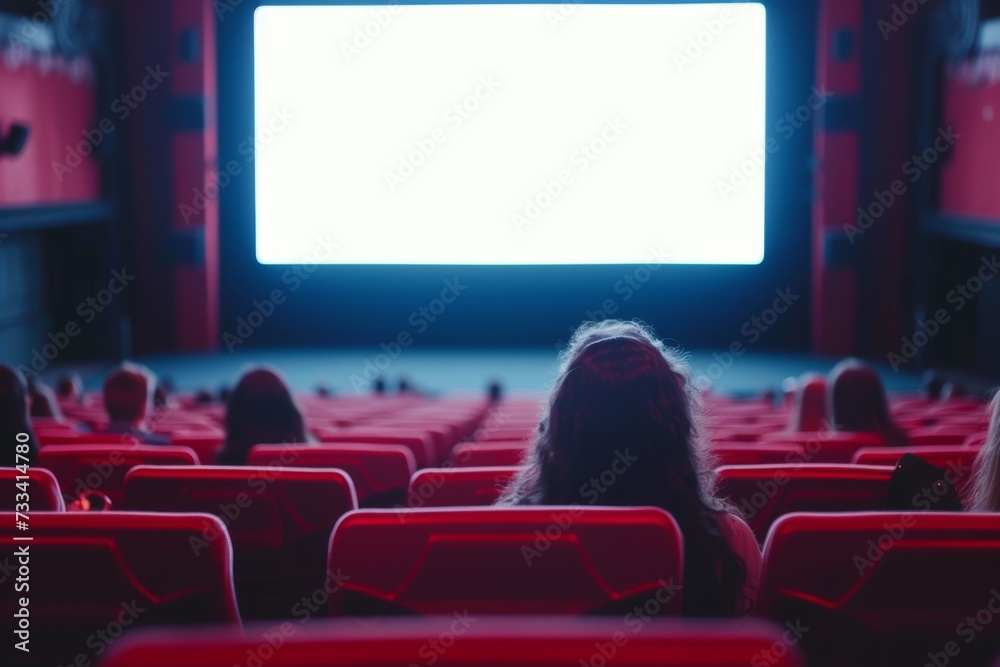 An audience in a cinema, focused on a bright screen in a dark room.
