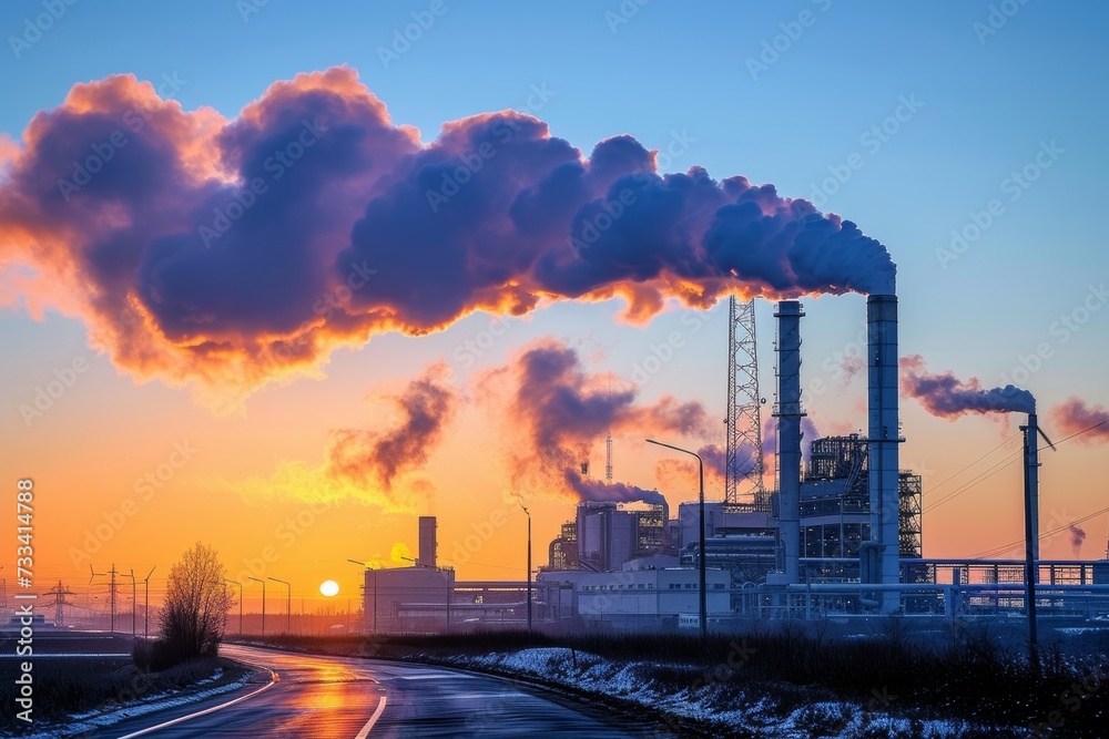 A power plant emitting smoke against a dramatic sunset backdrop.
