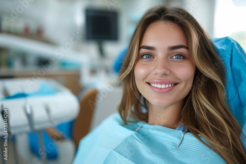 A joyful woman radiantly smiles at the camera, her blue clothing blending seamlessly with the indoor wall behind her, exuding warmth and happiness