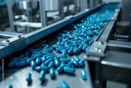 Vibrant blue pills scattered on a conveyor belt in a pharmaceutical factory.