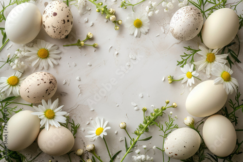 Easter light background with a place for text. Eggs and spring flowers in the form of a frame