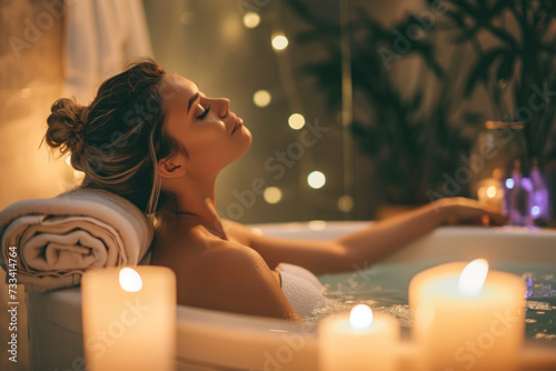 woman taking a warm bath, with candles and essential oils to help her relax