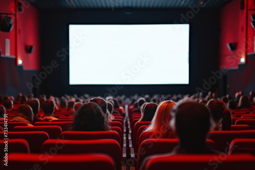 An audience in a cinema, focused on a blank white screen in anticipation.