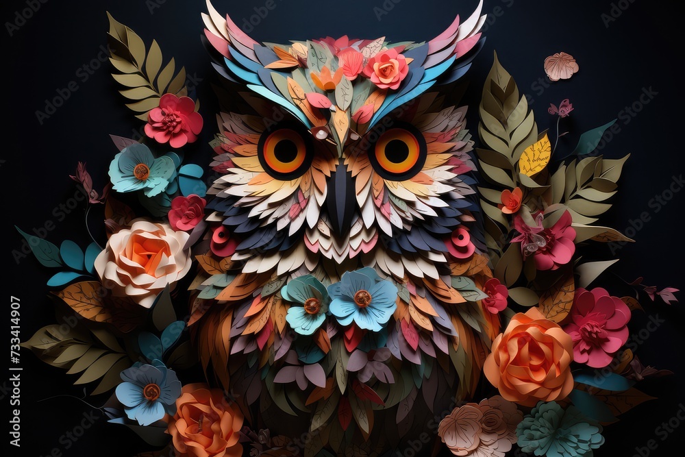 A paper owl with colorful flowers and leaves