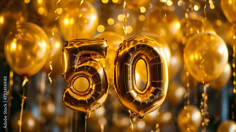 Celebrating 50th Milestone with Golden Balloons and Confetti. Generative ai