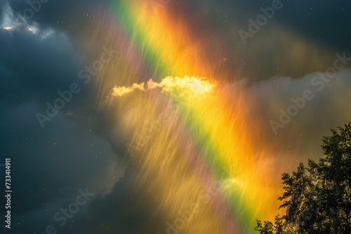 photo of a sunny and rainy sky with a rainbow in the middle