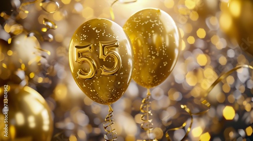 Celebrating 55th Milestone with Golden Balloons and Confetti. Generative ai
