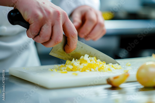 hands holding a knife and cutting a yellow onion into small pieces.