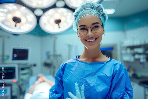 A smiling medical assistant in blue scrubs and hair net stands against a sterile white wall in a hospital room, ready to provide compassionate healthcare to those in need © Pinklife