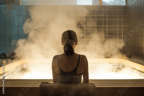 woman sitting in a sauna, with steam rising around her
