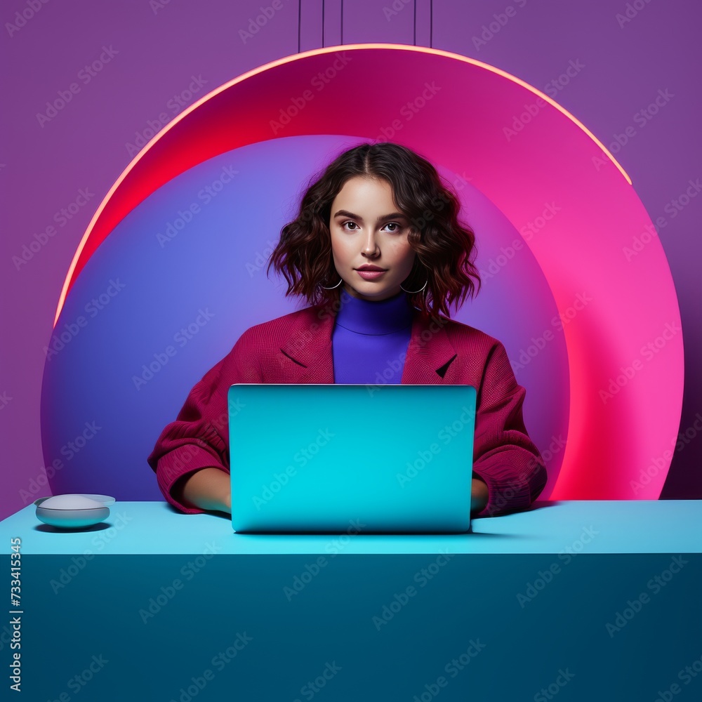 Contemporary Portrait: Woman in Minimalistic Setting with Laptop generative ai Contemporary Portrait: Woman in Minimalistic Setting with Laptop generative ai