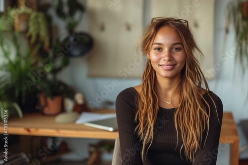 Free Download A radiant woman with flowing locks beams joyfully as she stands amidst the greenery of her home, surrounded by cozy furniture and delicate houseplants - GFXLoad