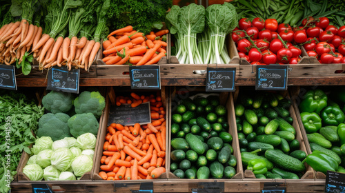 assortment of fresh vegetables neatly organized on a market stall photo