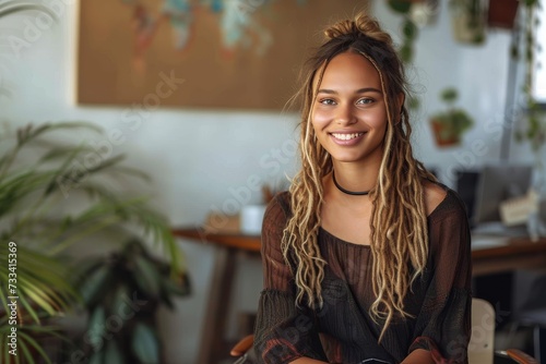 A cheerful woman with vibrant blonde dreadlocks poses against a wall, surrounded by cozy indoor furniture and a houseplant, radiating happiness and warmth photo