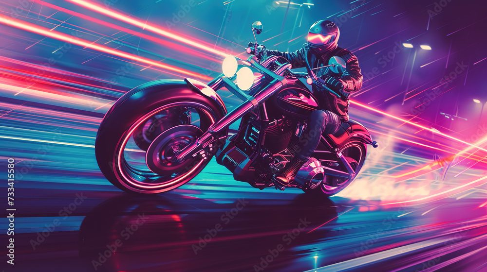 motorcycles on the road, Neon bicycle racing on a track of light