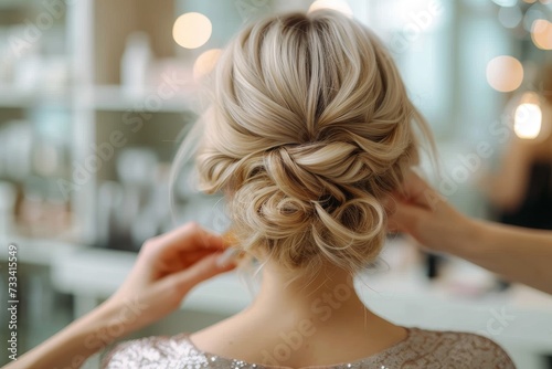 A woman's bun is expertly styled in a beauty salon, ready for her wedding day, as her hairdresser's hands bring her desired hairstyle to life