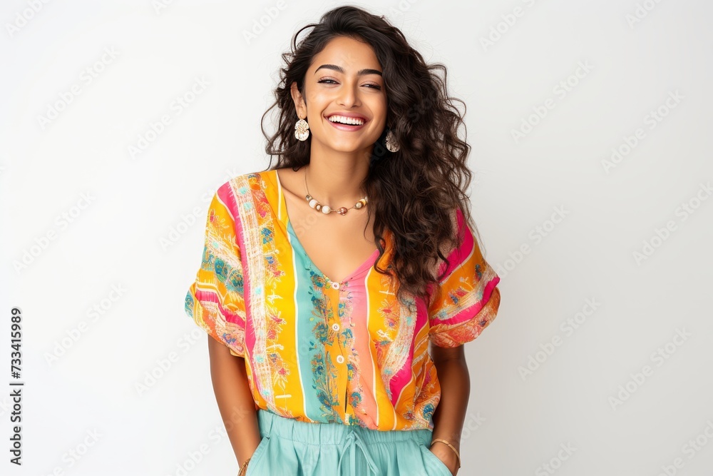 Vibrant Summertime Fashion: Indian Woman in Studio Shoot generative ai Vibrant Summertime Fashion: Indian Woman in Studio Shoot generative ai