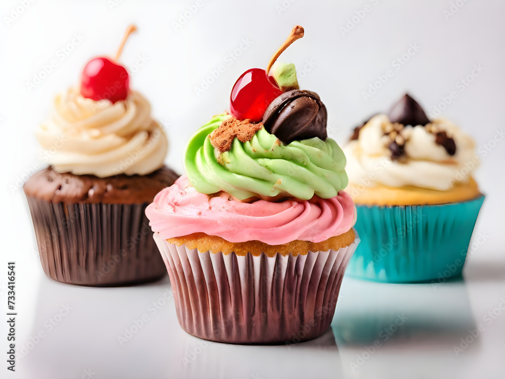 Close up view of various sweet cupcakes isolated on white background. Close up view of various sweet cupcakes isolated on white background.