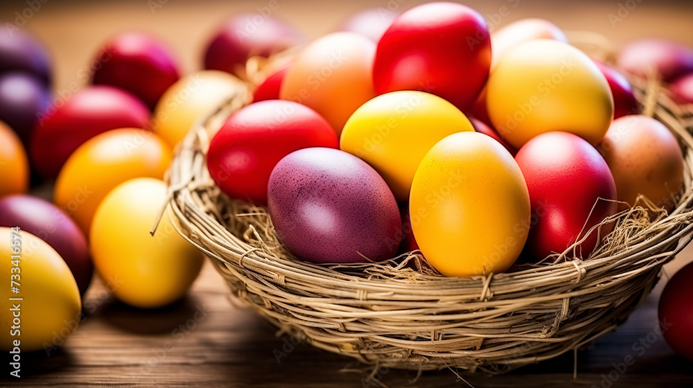 Colorful easter eggs in a basket on wooden background. Selective focus. Greeting card on an Easter theme. Happy Easter concept. Colorful easter eggs in a basket on wooden background. Selective focus. Greeting card on an Easter theme. Happy Easter concept.