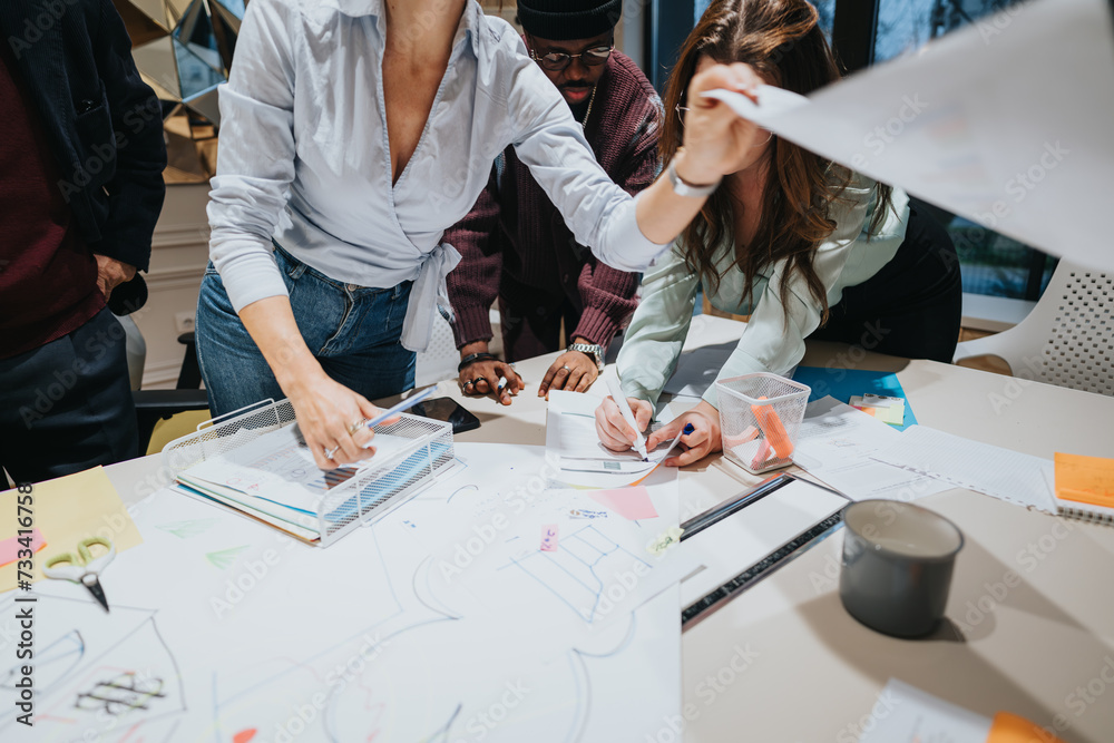 Multiracial team engaged in collaborative work in modern office setting. Multiracial team engaged in collaborative work in modern office setting.
